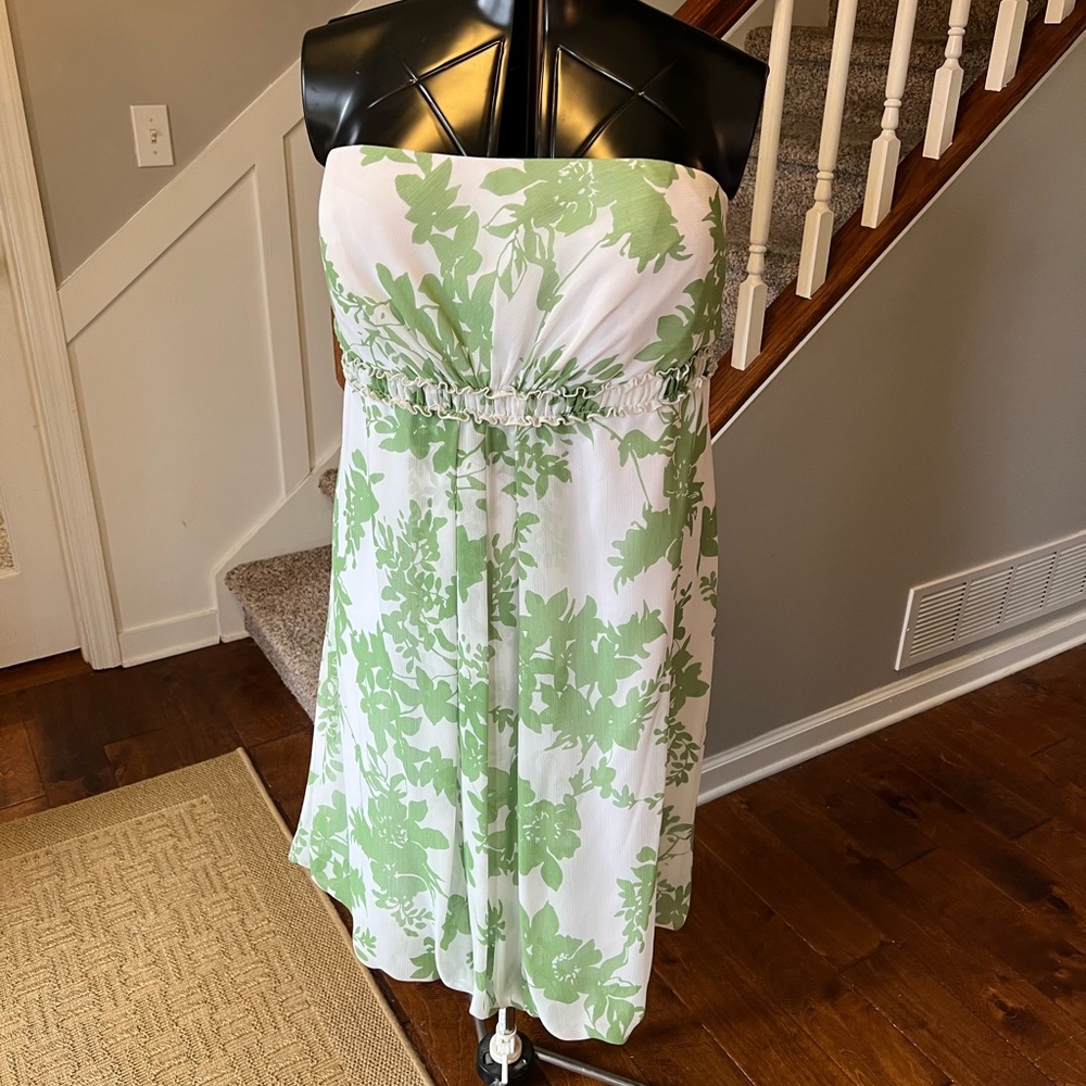 David's Bridal Strapless Midi Dress in White and Light Green Floral